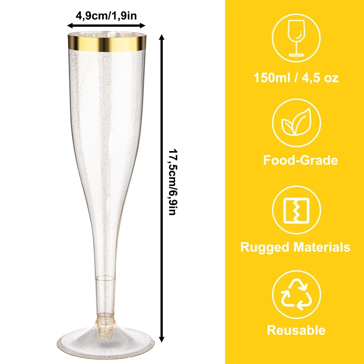 50 Stück Sektgläser Plastik, 150ml Champagner Gläser mit Goldrand und Goldglitter aus Kunststoff, Sektglas Plastik Mehrweg für Mimosa Bar Hochzeit Party Picknick im Freien