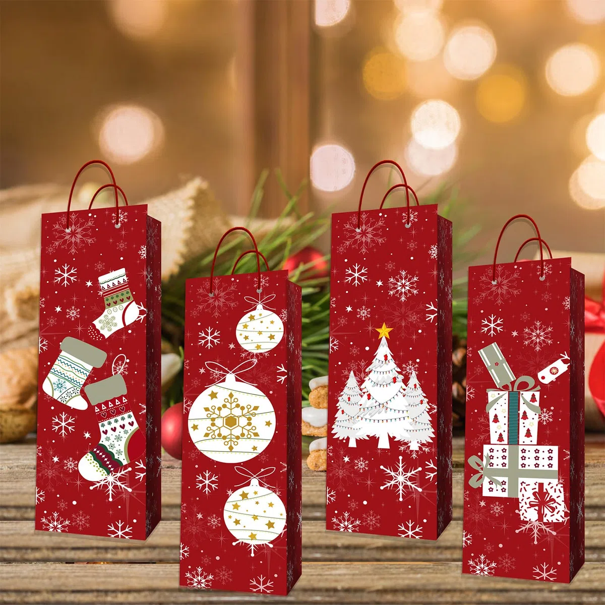 MORAINJAY 12 Stück Weihnachts Flaschentaschen, Geschenktüten für Wein Spirituosen mit Griff, Geschenkverpackung für Flaschen, Flaschenbeutel Weihnachtsgeschenke