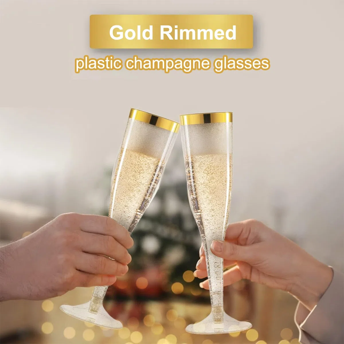 50 Stück Sektgläser Plastik, 150ml Champagner Gläser mit Goldrand und Goldglitter aus Kunststoff, Sektglas Plastik Mehrweg für Mimosa Bar Hochzeit Party Picknick im Freien