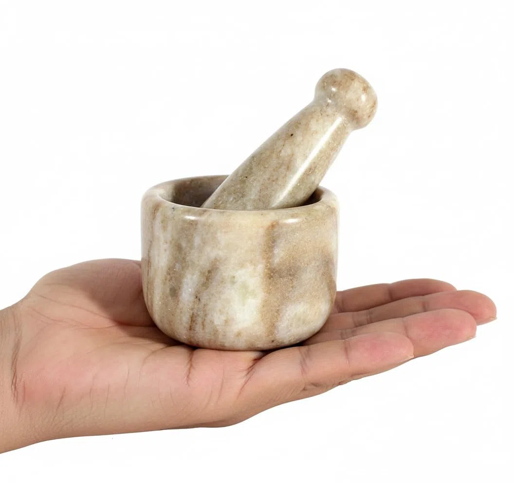 KLEO Marmor Stein Mörser und Stößel Set als Gewürz Okhli Musal Kharad Khallad, Medikamentenzerkleinerer - 6,3 cm Durchmesser Klein