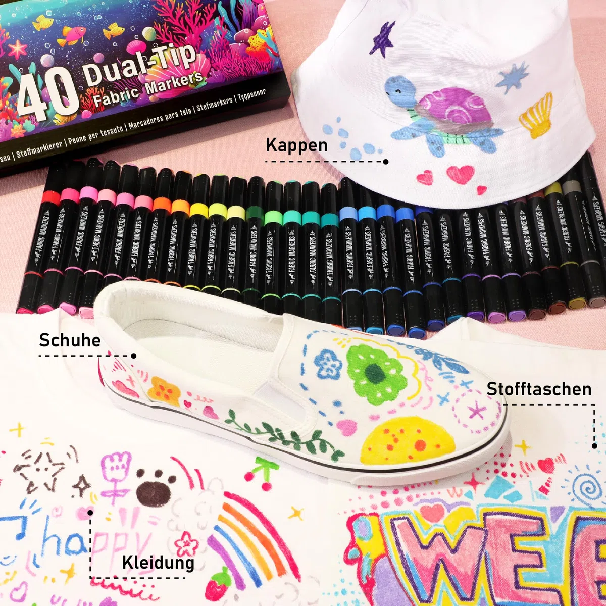 Pamaker 40 Textilstifte Dual Tip – Waschmaschinenfest und Permanent für T-Shirts, Stofftaschen, Schuhe und mehr – Ungiftig, ideal für Kinder und Erwachsene