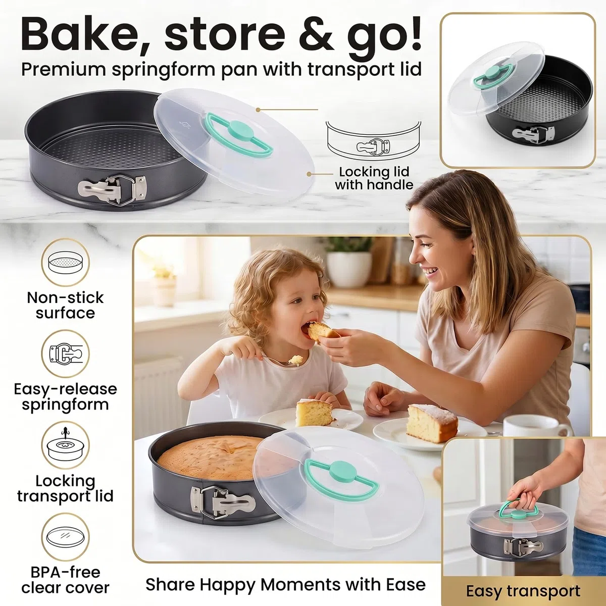 CEWROM Backform Rund aus Karbonstahl mit Granitbeschichtung 28 cm mit Deckel - Antihaft Kuchenform für Käsekuchen Biskuit Dessert Auslaufschutz, Kuchenform & Backform für perfekte Backergebnisse
