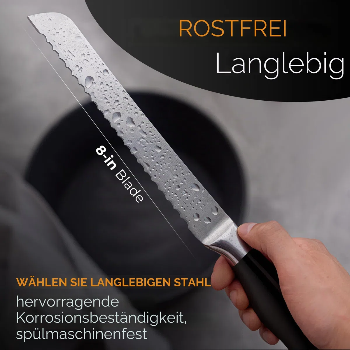 Orblue Brotmesser aus Edelstahl mit Wellenschliff – Ultrascharfes Profi Küchenmesser, Ideal für Brot, Bagels & Kuchen, Schwarz