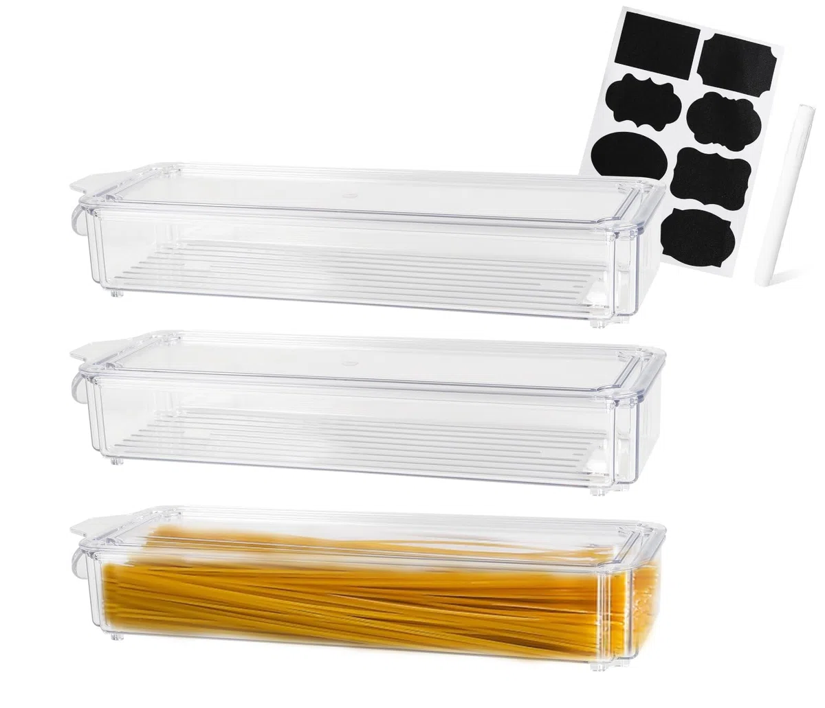 Spaghetti Aufbewahrung 3er Set 1,35 L, Vorratsdosen mit Deckel | Drei transparente Dosen für Spaghetti, Müsli und Snacks, luftdicht stapelbar mit Etiketten für Schrank oder Küchenregal