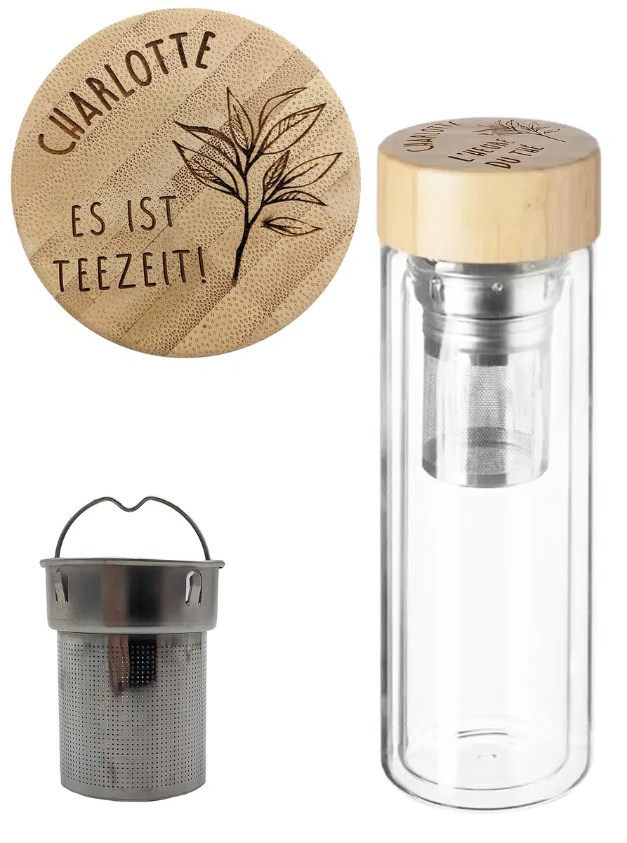 KDO MAGIC - Personalisierte Teekanne - aus Glas und Bambus - Doppelwandig - personalisierbar - mit Gravur auf Korken - Geschenkidee Mama, Muttertag, Geburtstag, Weihnachten
