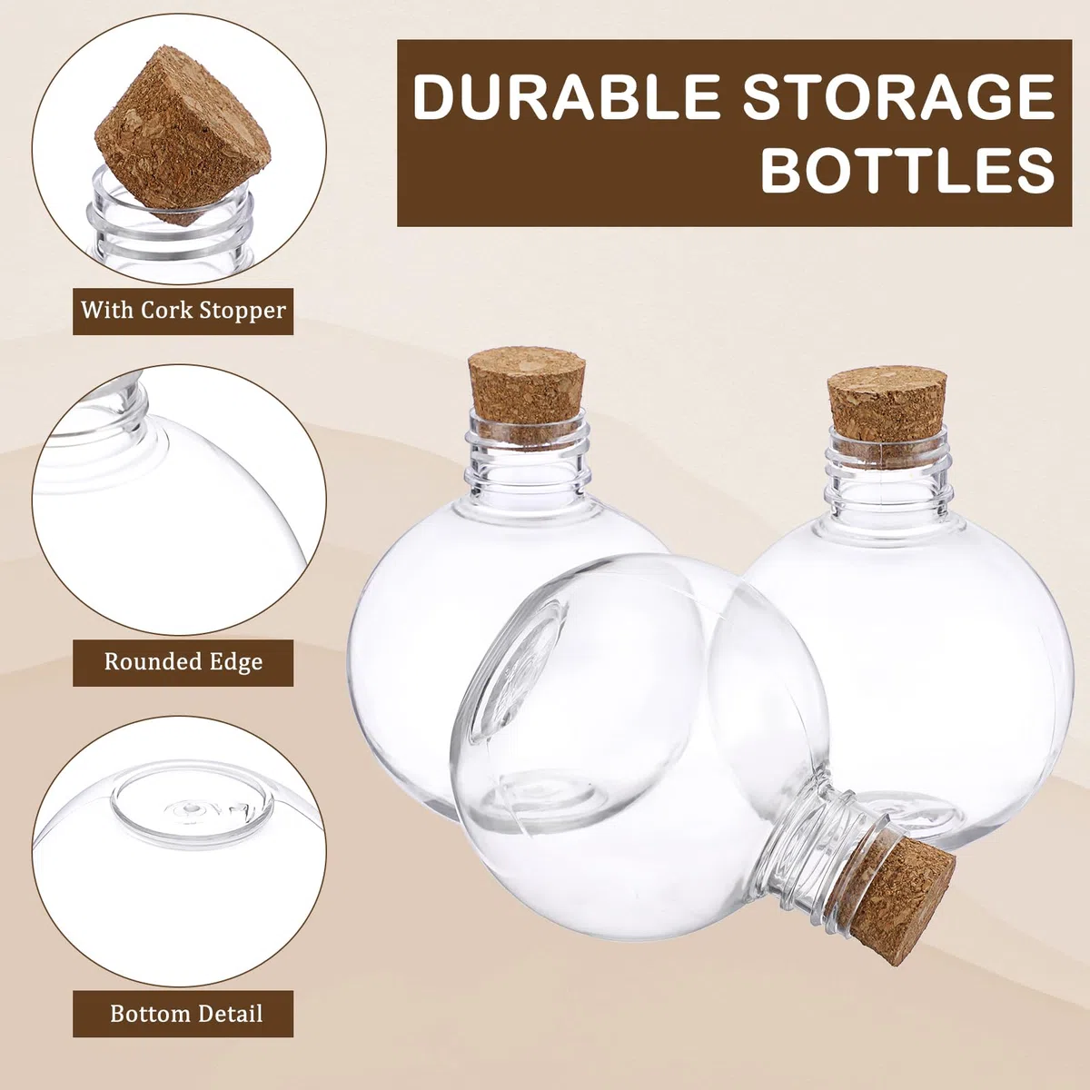SUMTree 26Pcs DIY Plastikflaschen Sandkunst Flasche mit Kork Mehrzweck Kunststoffflaschen für Süßigkeiten, Saft, Tee, Aromastoffe, Armband Perlen, Wunschsterne (Kugelform, 200ml, mit 5 Trichtern)