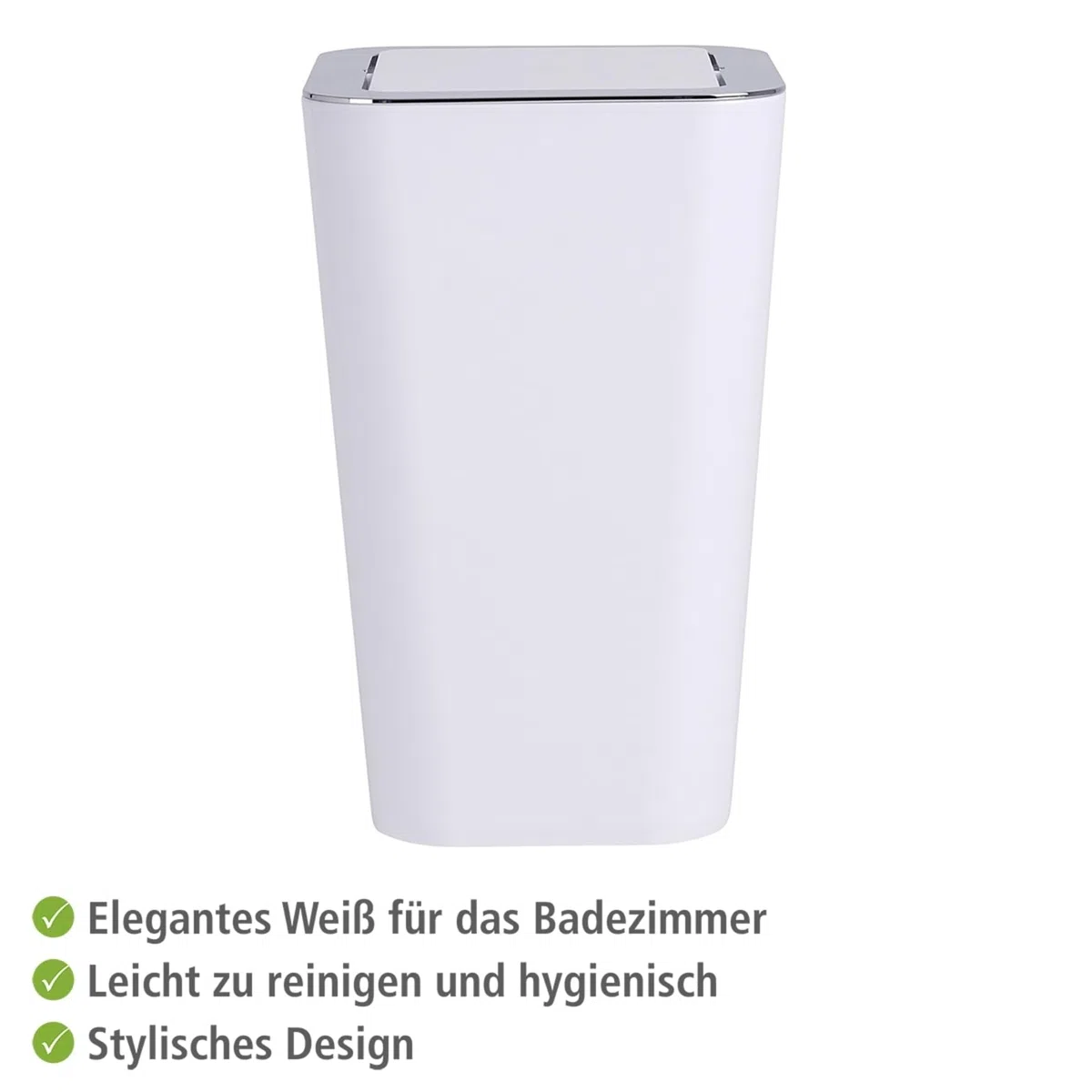 WENKO Kosmetikeimer Mod. Candy 6 lrt., Hygieneeimer, Badezimmer-Mülleimer mit Schwingdeckel ideal für Kosmetiktücher, Wattestäbchen & Co., Abfalleimer aus Kunststoff, BPA-frei, 17.5x 28 x 17.5, Weiß