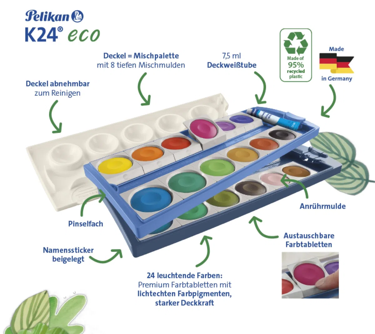 Pelikan Farbkasten K24 eco, Deckfarbkasten mit 24 Farben, inkl. Deckweiß, aus recyceltem Kunststoff, 701303