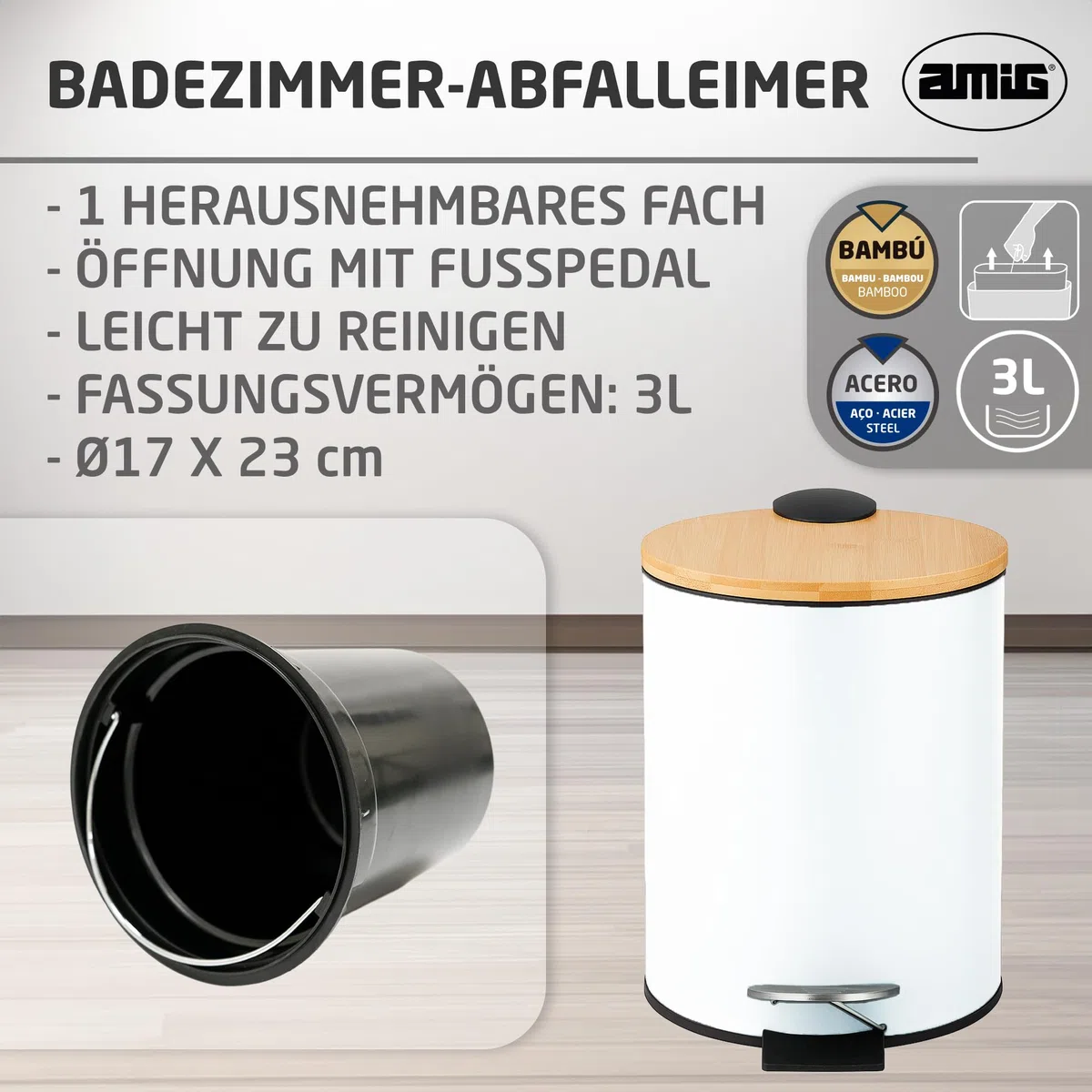 Amig - Kosmetikeimer mit Pedal 3L Naturline - Weiß und Bambus - Hygienische Öffnung - Ø16,8 x 23 cm - Lackierter Edelstahl - Runder Badeimer Mülleimer mit Deckel