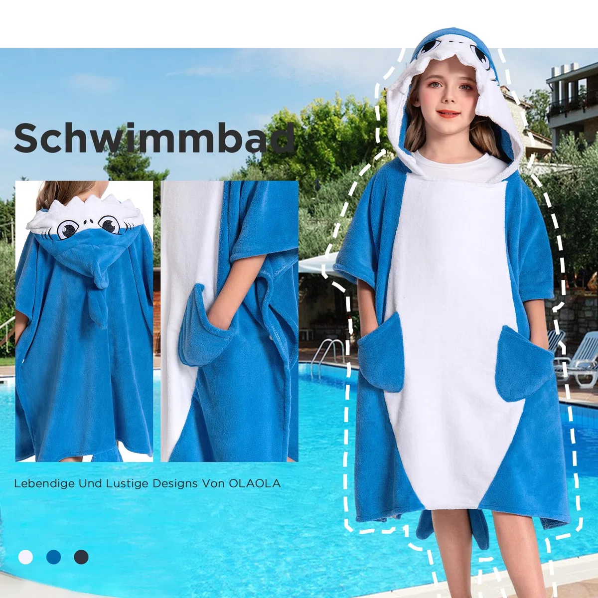 OLAOLA Kinder Poncho Handtuch mit Kapuze, Strand Umkleidemantel, Saugfähige Badetücher, Schwimmtuch für Jungen und Mädchen von 3–12 Jahren, Blauer Hai