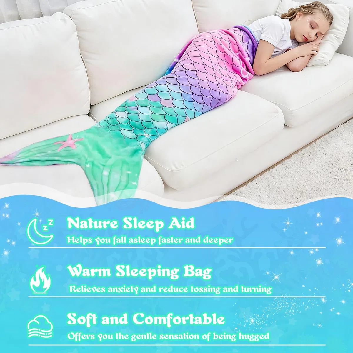 Meerjungfrau Decke, Meerjungfrauen Schwanz Decke mit Haarnadel Armband, Weicher Flanell Tragbare Schwanzdecke für Kinder Geburtstag Weihnachten Geschenk, 140x60cm