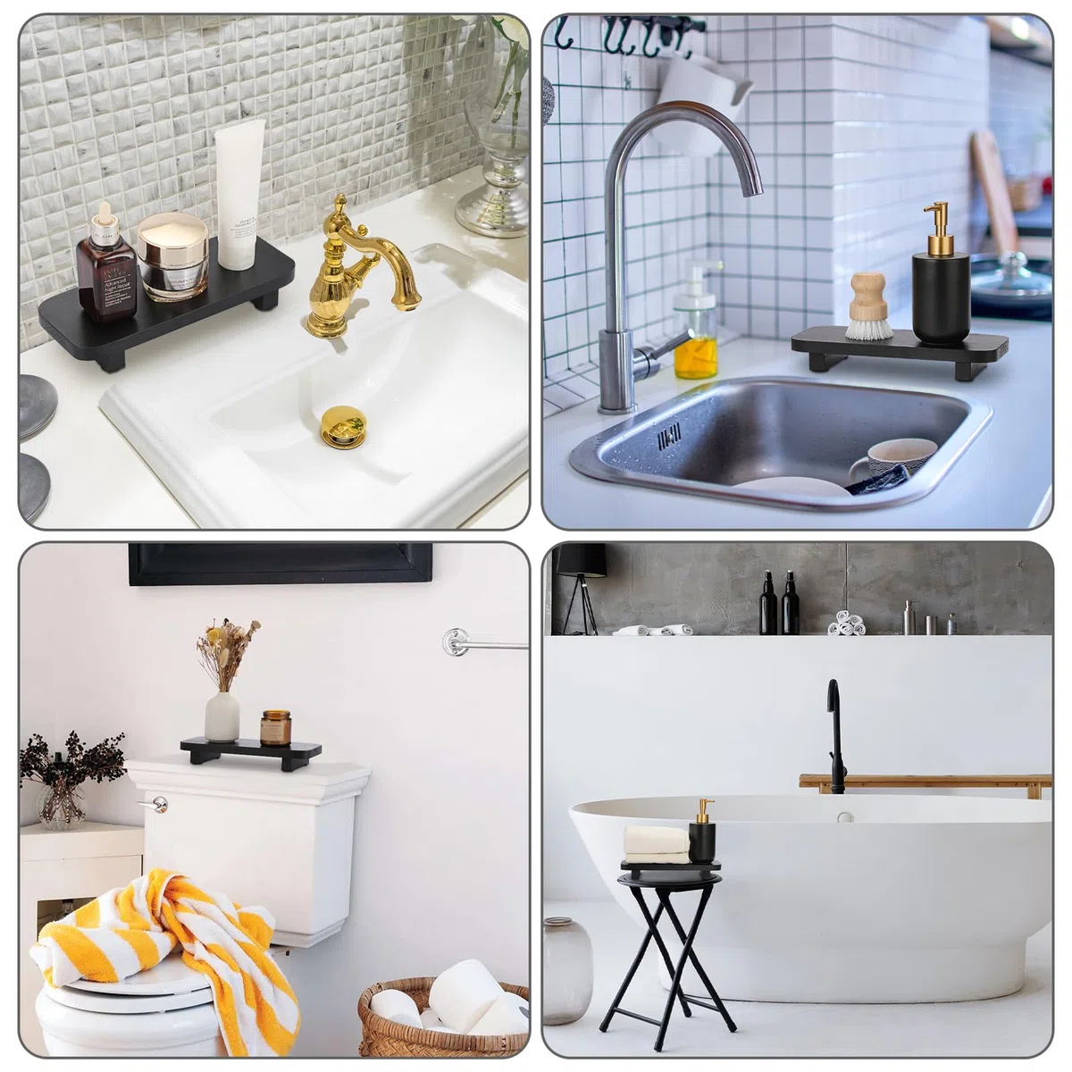 Badezimmer Deko Holztablett Klein Servierplatte mit Füssen Schwarz Rechteckig Kosmetiktablett Schmuckteller Schmuckschale Tischtablett für Schminktisch, Toilettentisch, Waschtisch, Spüle