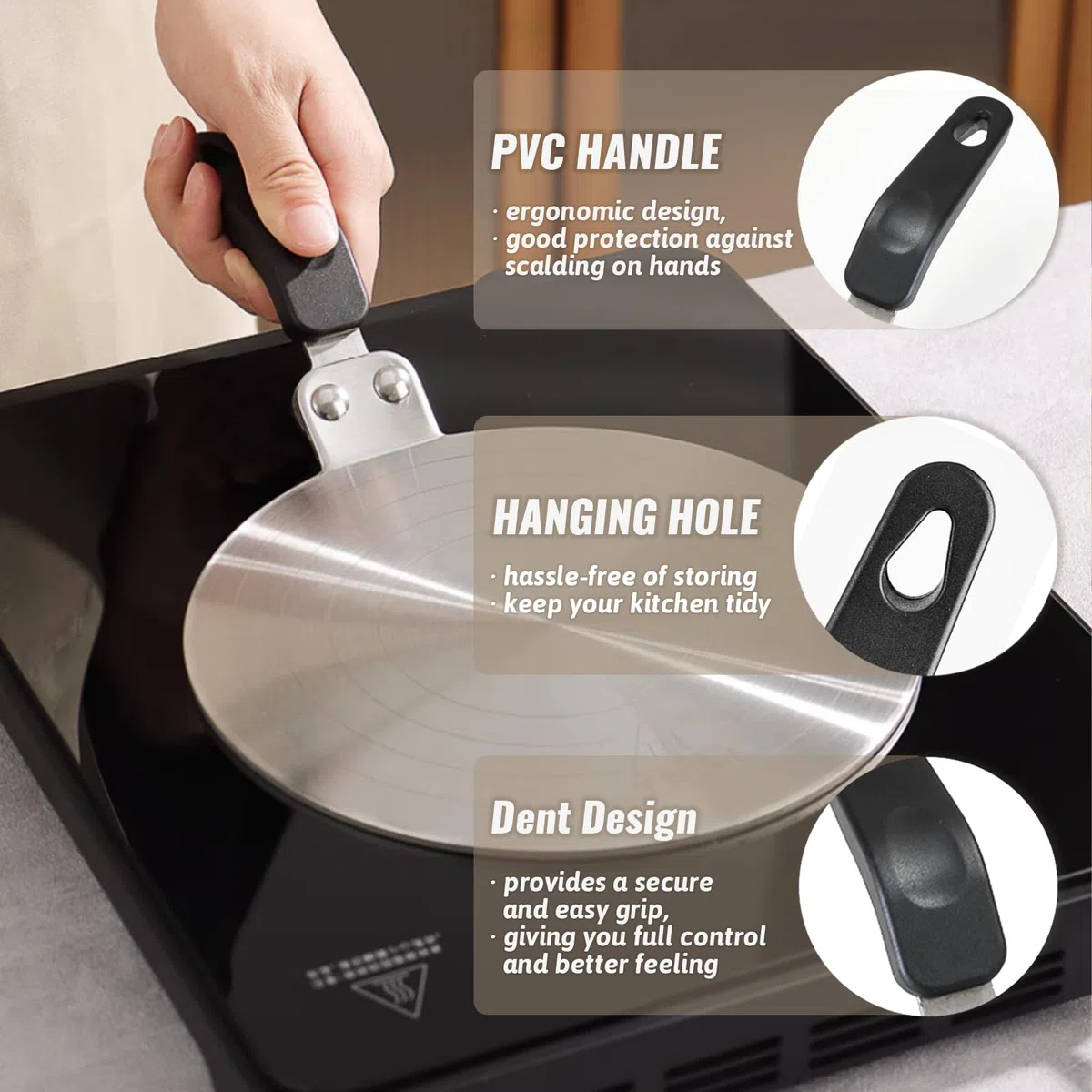 Universal Induktion Adapterplatte Ø 20 cm, Kleine Induktionsadapter mit Wärmeisolierunggriff aus Edelstahl für Moka Töpfe, Wärme Diffusor Kochen Induktion Adapter