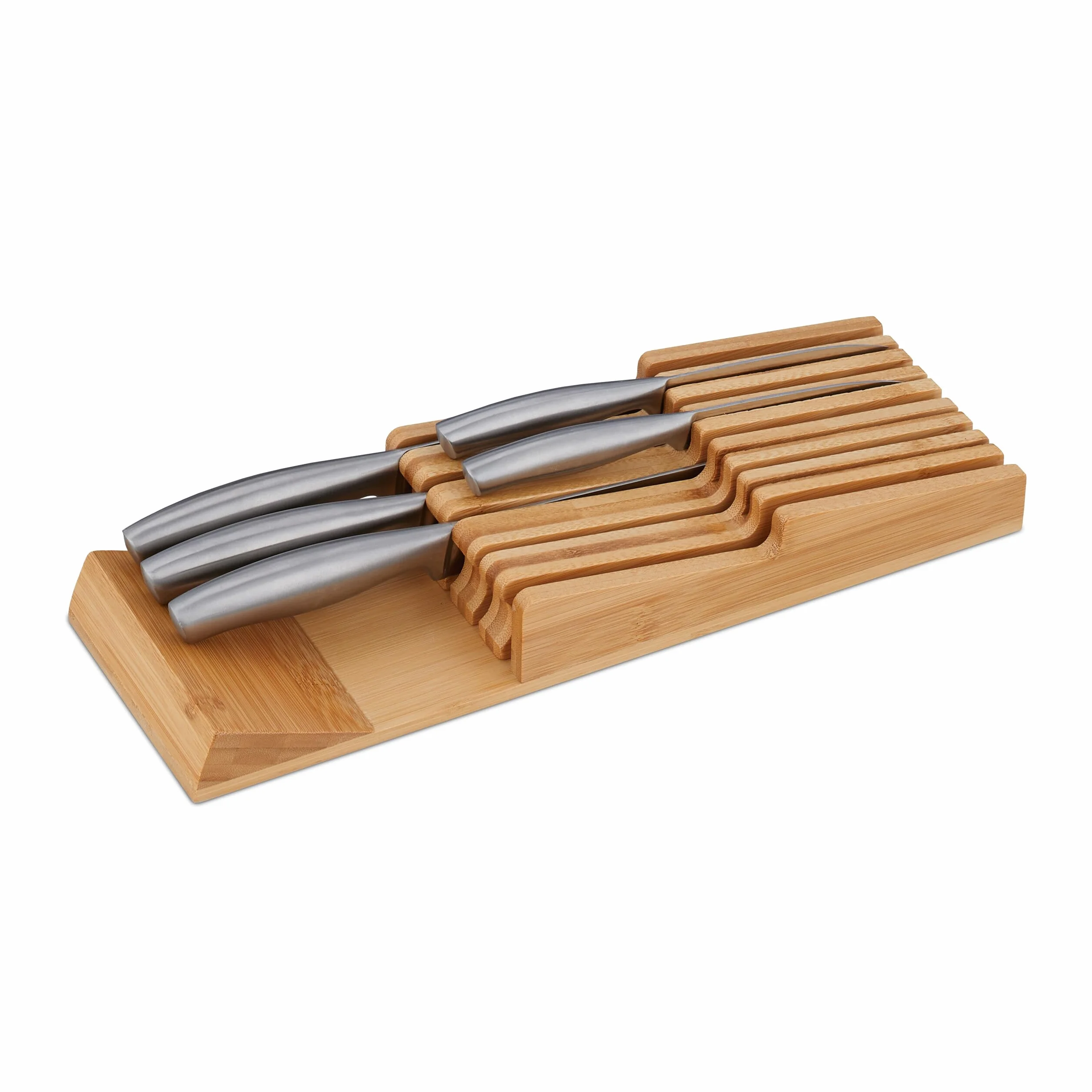 Relaxdays Messerhalter Schublade, für 9 Messer & Wetzstahl, Bambus Messerblock liegend, HxBxT: 5,5 x 13 x 40 cm, natur