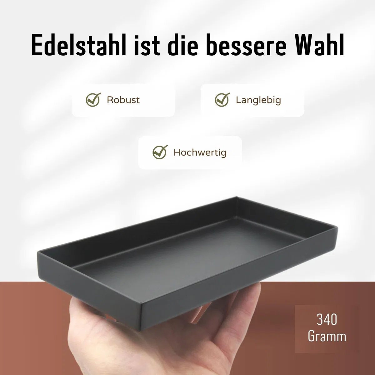 Edelstahl Dekotablett schwarz | Ablageschale für Küche und Bad, rechteckig | Deko Tablett schwarz matt | Bad Organizer, auch als Schmuckschale geeignet | Badezimmer Deko