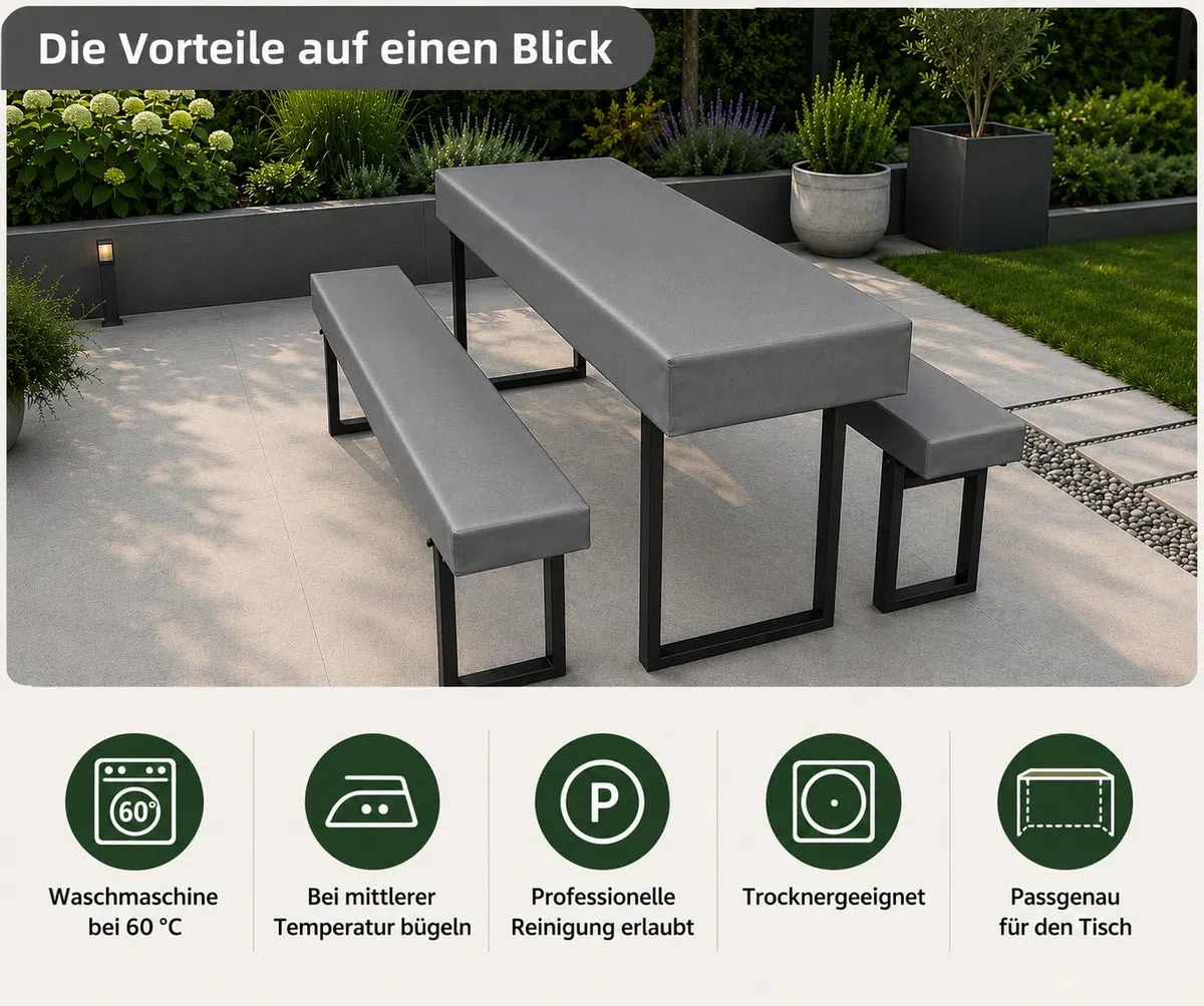 3-teilige Bierzeltgarnitur-Auflage mit sicherem Halt, bestehend aus 2 Bierbank Hussen und 1 Biertisch Husse. Waschbar, rutschfest und windfest. Farben und Größen wählbar. (Grau, 220 x 70)