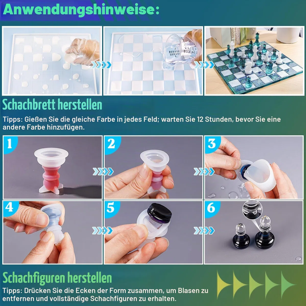 LET'S RESIN Schach Epoxidharz Formen, Verbesserte Harz-Schachsatzform mit 16-Teiligen 3D-Schachfiguren in Voller Größe und Schachbrett Silikonform Epoxidharz, DIY-Schachbrettspiel