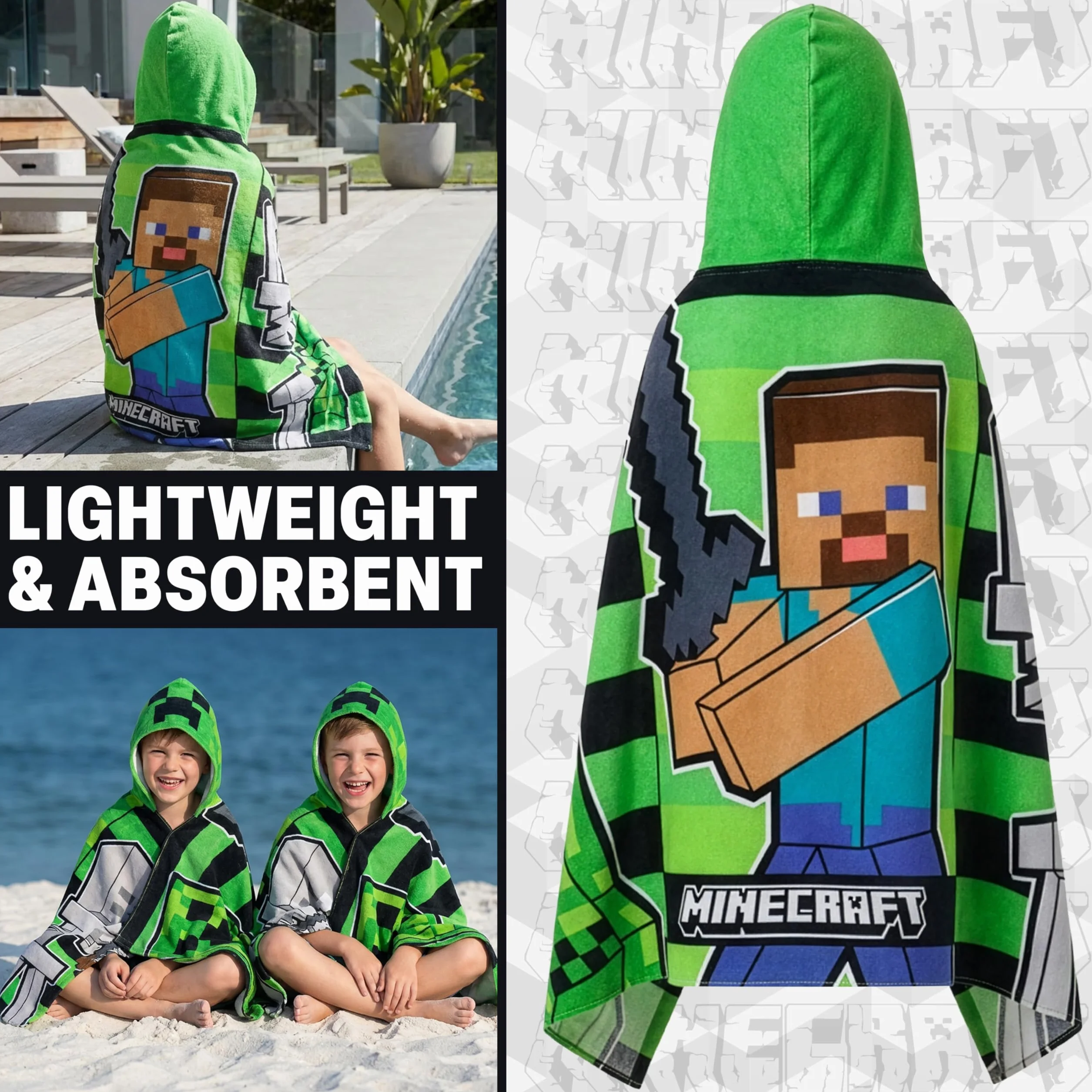Minecraft Badetuch Kinder Kapuzenhandtuch Kinder Teenager Saugfähiger Creeper Badeponcho Mädchen Jungen für Strand Pool Schwimmen Gamer Geschenk (Grün/Schwarz, 6-14 Jahre)