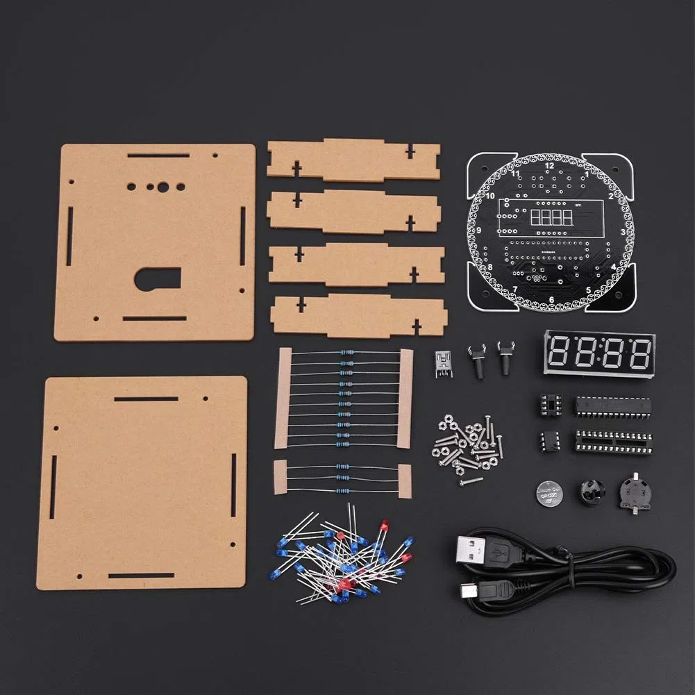 KIMISS Clock Suite Clock Set Kunststoff DIY Lichtsteuerung Rotation Digital LED Elektronische Temperaturuhr Kit Suite W USB-Kabel Blau (Blaue Teile + Netzkabel + Gehäuse)