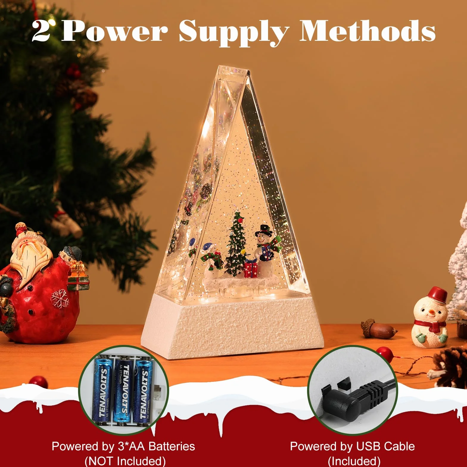 Lewondr LED Schneekugel Weihnachten mit Musik & Licht & Timer, Dreieck Elektrische Schneekugel Weihnachten mit 8 Weihnachtsliedern, Batteriebetrieben/USB-betrieben Weihnachtsmann Weihnachtslicht