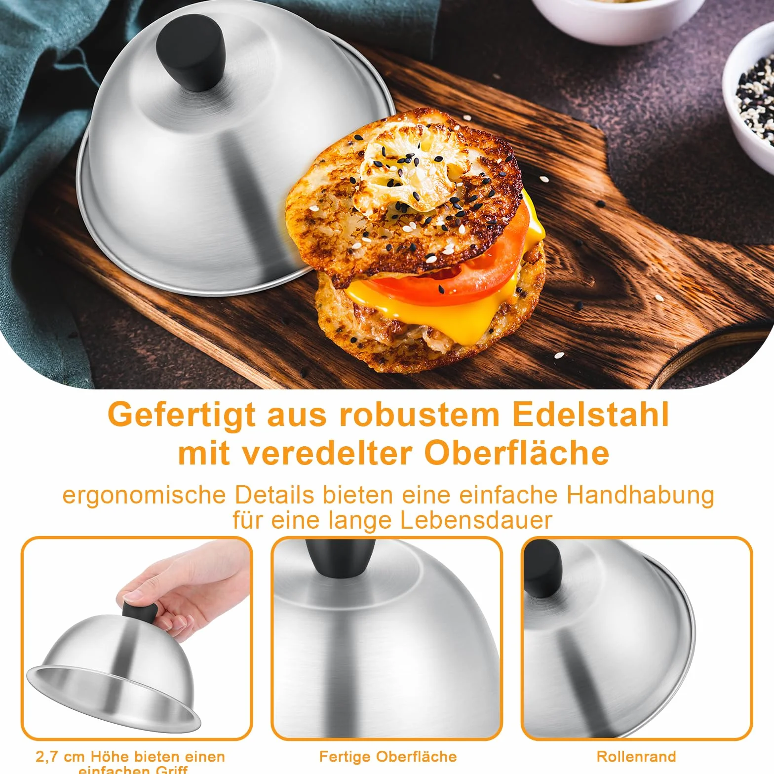 TEAMFAR Burgerglocke, 4 Stück Edelstahl Burger Glocke, Grillglocke Burgercover mit Hitzebeständig Silikongriff, Klein Burgerhauben Schmelzglocke für Grill Teppanyaki & Küche Kochen, Innen & Außen