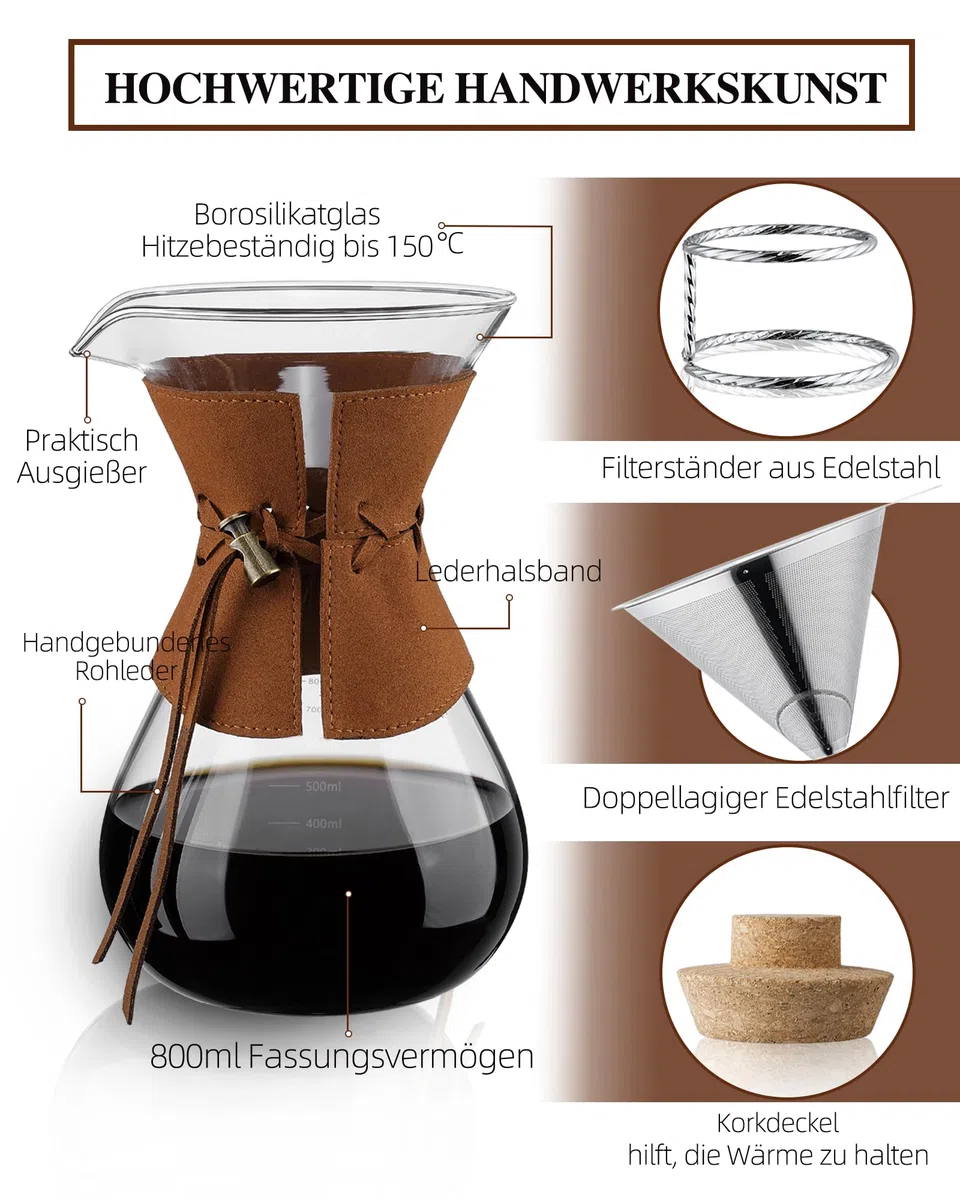 Kaffeebereiter mit Filter aus Edelstahl, 800ml Kaffeekanne für 5-6 Tassen Glas Pour Over Kaffeebrüher mit Filter Kaffee-Tropfer Brauer Kaffee
