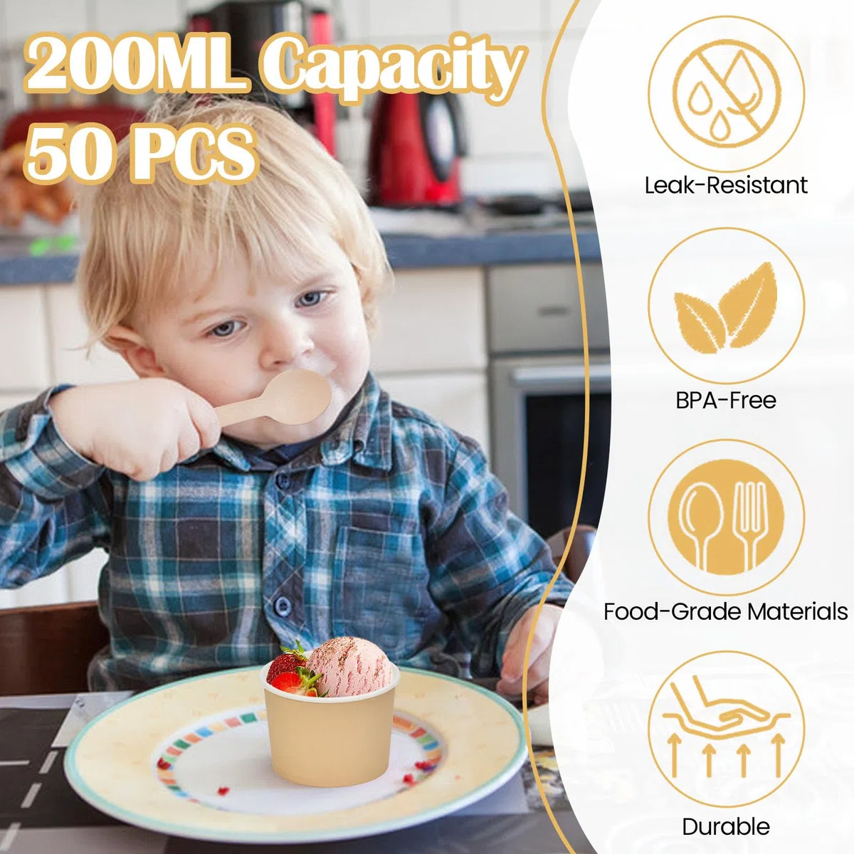 Kleemeiero Eisbecher Pappe 100 Stück Candybar EIS Becher to go pappbecher 240ml Einweg Papier Dessertbecher Holzlöffel Candy bar Becher Papierbecher Eisbecher aus Papier für Gefrorenen Joghurt Suppe