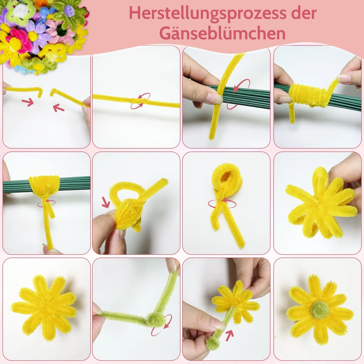 500 Stück Pfeifenreiniger Blumen Set, 20 Farben Pfeifenputzer zum basteln | Pipe Cleaner mit 25 Stück Blumendraht Grün, Klebeband, Geeignet als Geschenk zum Valentinstag und Weihnachten