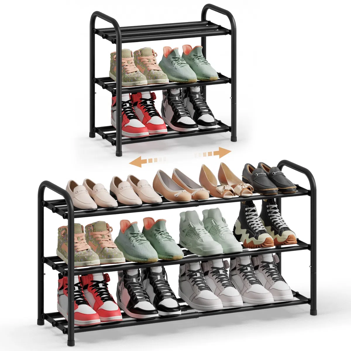 SONGMICS Schuhregal ausziehbar, Schuhablage, Schuh-Organizer mit verstellbaren Ablagen, Schuhaufbewahrung aus Metall, für Flur, Ankleidezimmer, Wohnzimmer, 3 Ebenen, tintenschwarz LMR036BD01