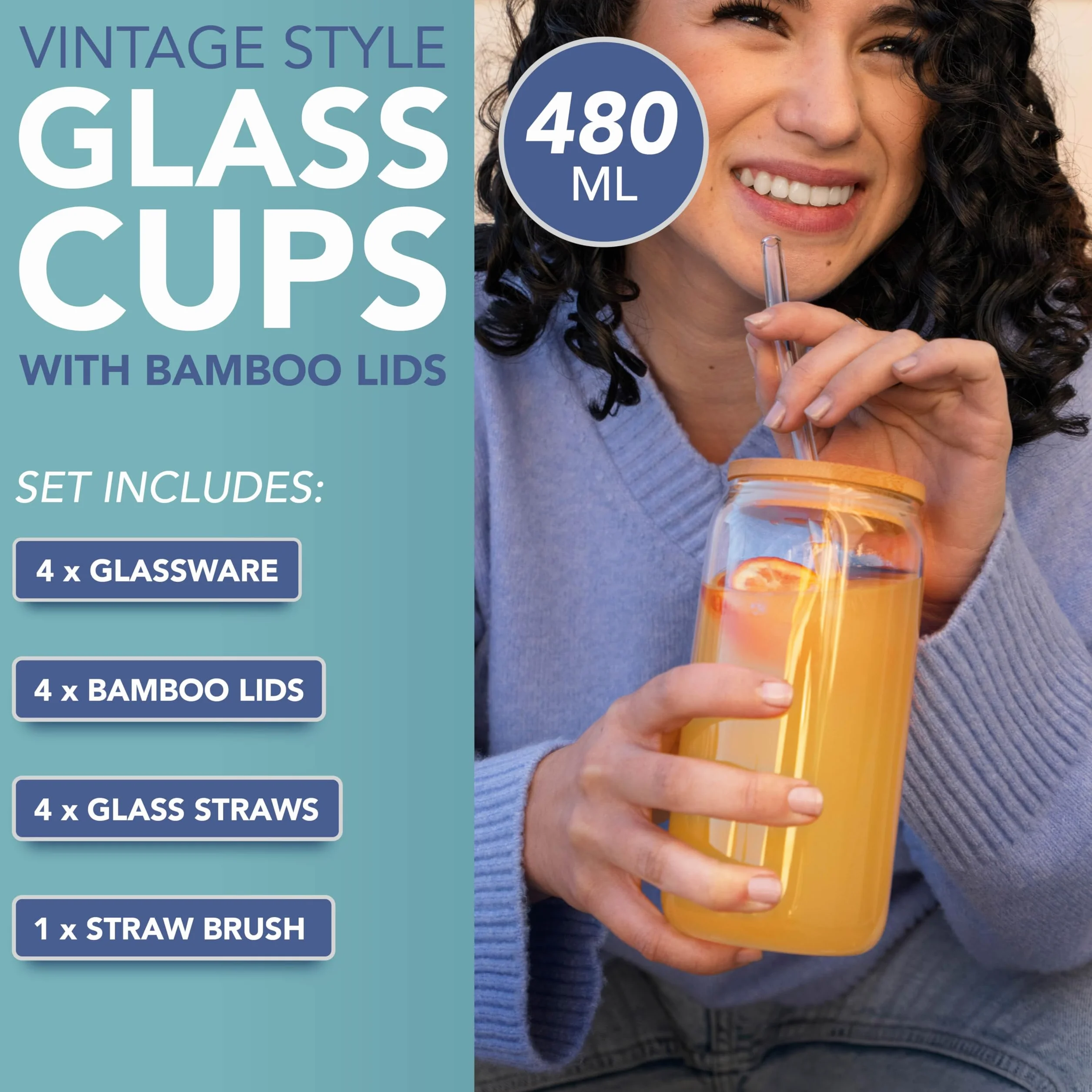 HEFTMAN Glasbecher mit Deckel und Strohhalmen, leere Gläser in Dosenform, 480 ml, mit luftdichten Bambusdeckeln, Glasstrohhalmen und Reinigungsbürste für Strohhalme, Eiskaffeeglas für Smoothies, Bier,