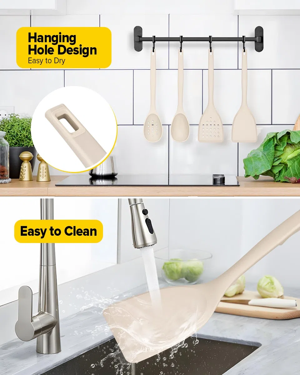 Packung von 4 Silikon Kochgeräte Set, Non-Stick-Festspalten und hitzebeständige Schlitzlöffel mit Rücken Haken, Ideale BPA-freie Küchenutensilien Set für Braten, Servieren, Drehen, Rühren(KHAKI)