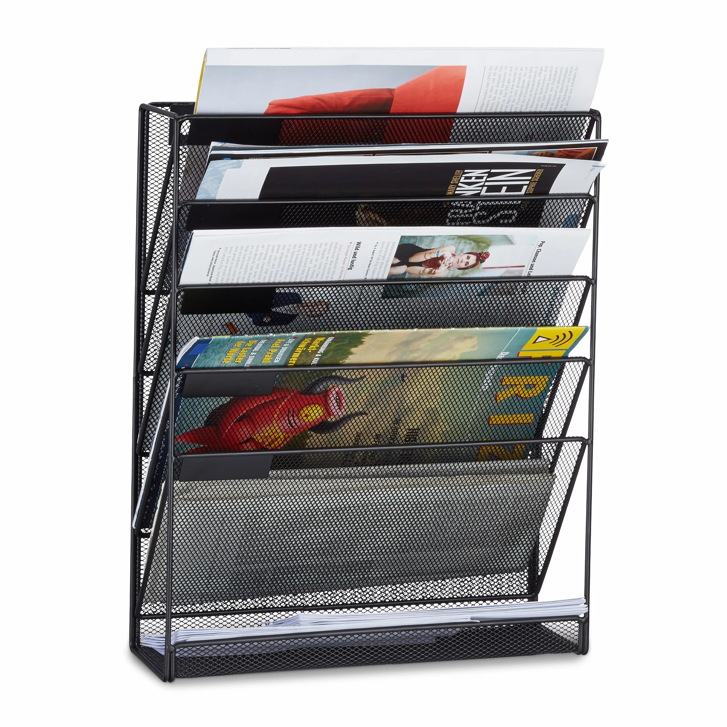 Relaxdays Zeitschriftenhalter Wand, Prospekthalter A4, Zeitschriften Wandhalter, Metall, HxBxT: 40 x 32 x 10 cm, schwarz