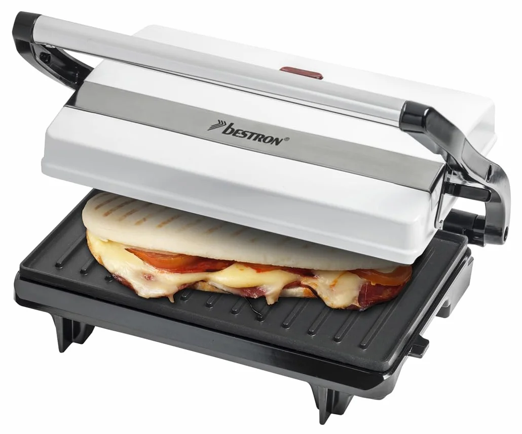 Bestron Kontaktgrill mit Auffangschale, Sandwichmaker mit Cool-Touch-Handgriff, Paninimaker mit Antihaftbeschichtung, 700 Watt, APM123W, Farbe: Weiß