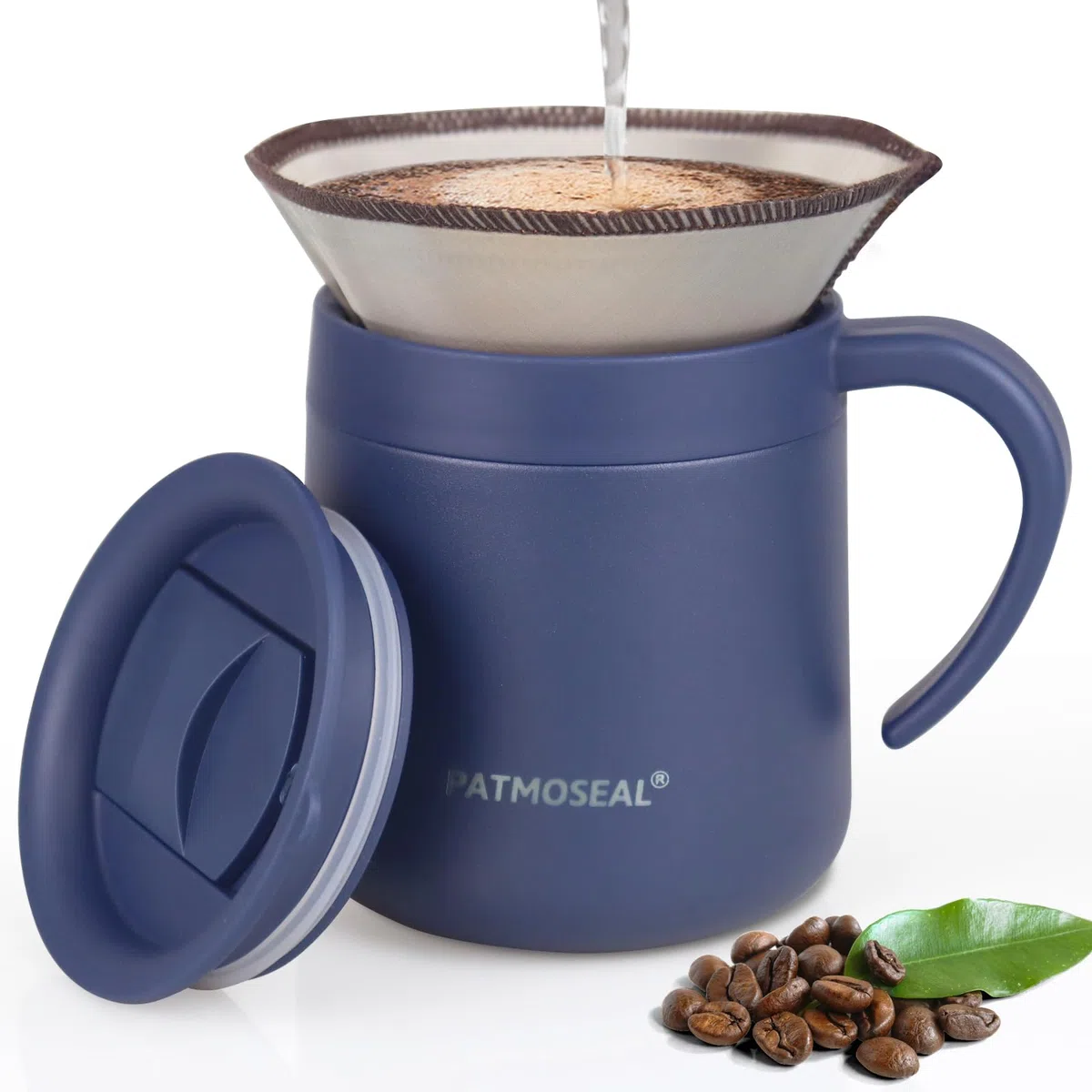 Pour Over Kaffeemaschine mit papierlosem Filter, vakuumisolierter Becher mit spritzwassergeschütztem Deckel und Griff, 2-in-1 für Büro, Zuhause, Reisen, Camping, 350 ml (Marineblau)