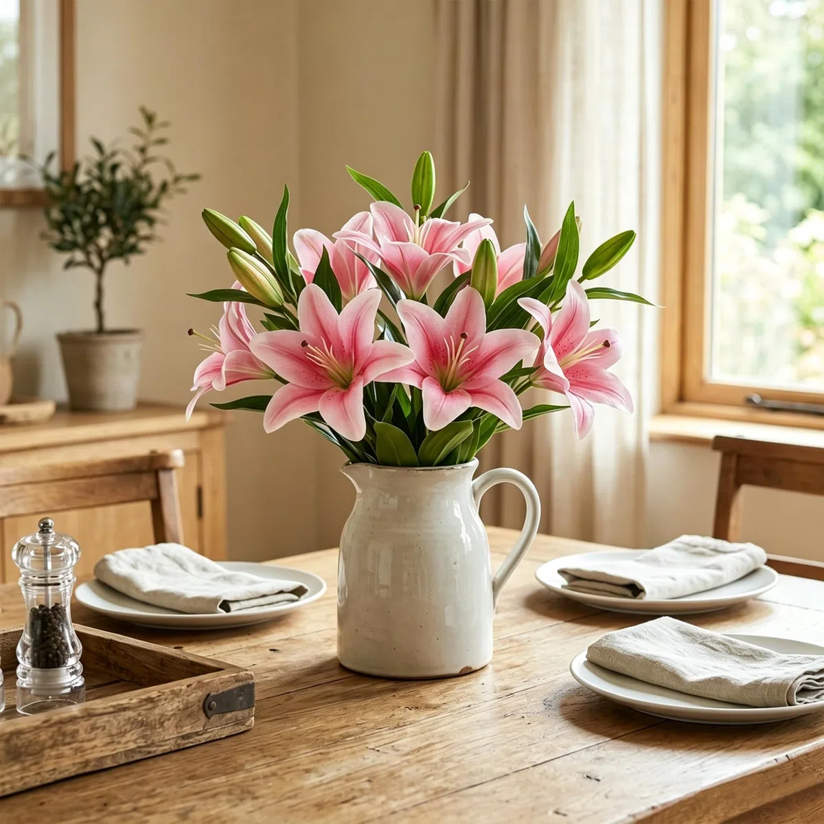 HNVNER 6 Bündel Kunstblumen Lilien, 3D-künstliche Lilienblume Rosa, Gesamt 12 Blütenköpfe 6 Knospen - DIY Set Blumenstrauß für Hochzeit, Home & Büro Deko, Tischdekoration
