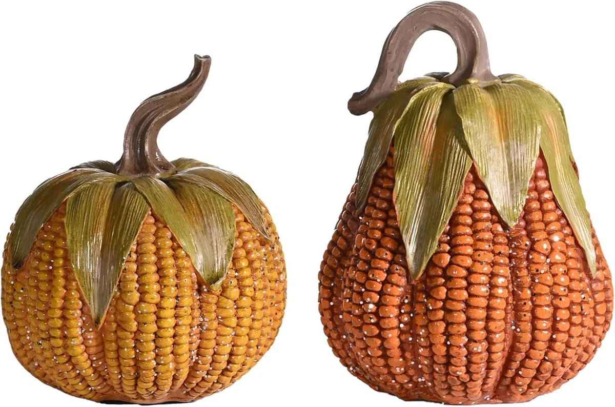 Valery Madelyn 2er Künstlich Kürbis für Herbstdeko Halloweendeko,Innen und Außen,Simulation Kürbisse in Maiskornmuster aus Kunstharz,Fall Decor Tischdeko,Geschenk Thanksgiving,10/12cm(M)
