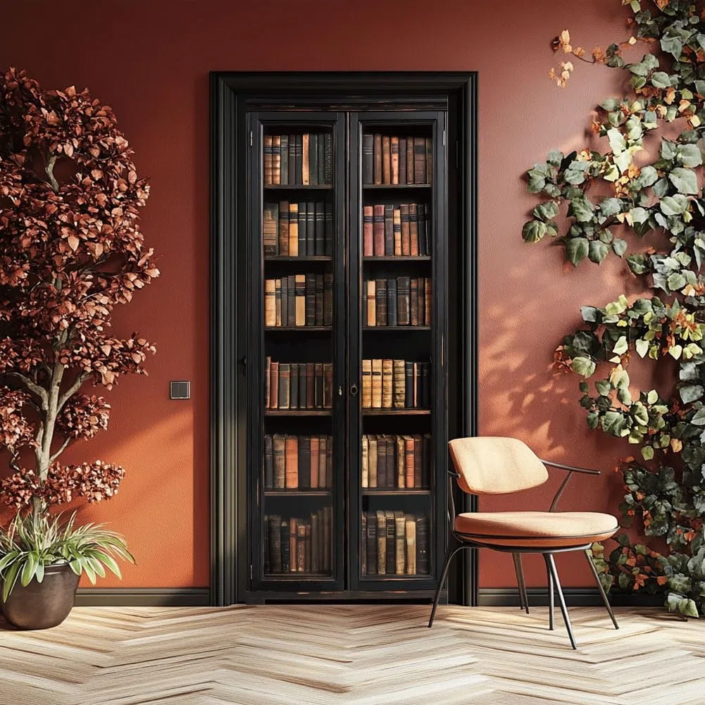 arricraft 2 Stück Selbstklebender Türaufkleber 80cm X 200cm /31.5"X78.7" Bücherregal Muster Tür Wandbilder Aufkleber PVC Tür Abnehmbare Tapete Dekoration Für Schlafzimmer Wohnzimmer