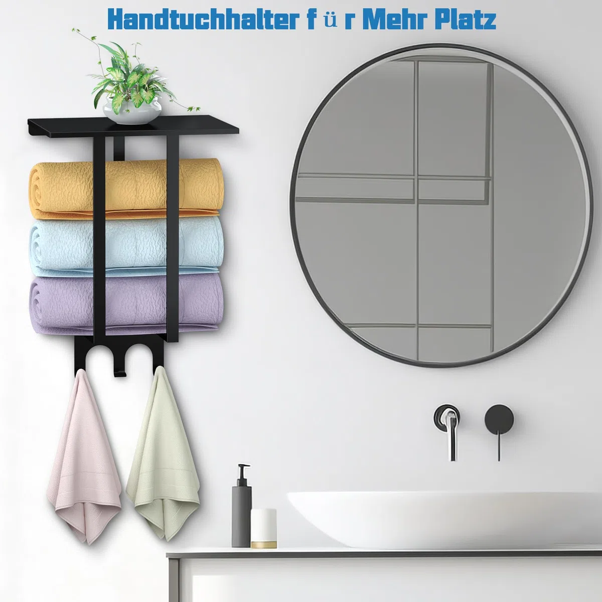 Handtuchhalter Handtuchregal, Bethom Handtuchhalter Wandmontage, Handtuchhalter aus Stahl mit Oberer Ablage und 3 Haken für Große Handtücher, Kleine Handtücher, Handtücher, Wohnmobil, Camper, Schwarz