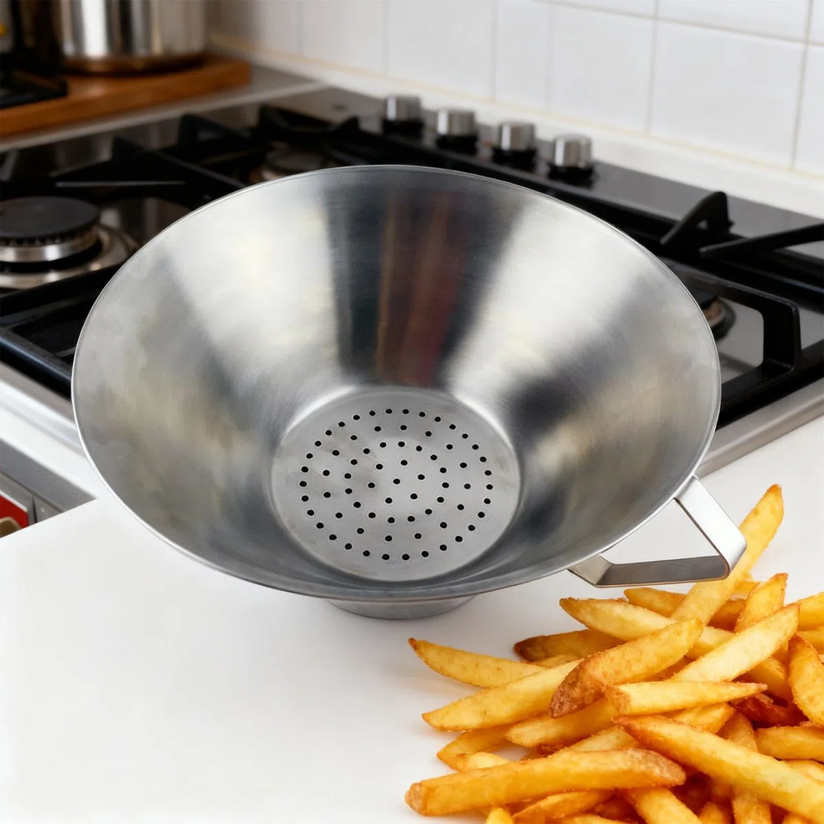 Edelstahl Fritten Sieb mit Auffangschale, Fetttrichter zum Abtropfen von Öl für Pommes Frites Zwiebelringe Hähnchen Fisch, für Hausküche Hobbykoch Frittierliebhaber