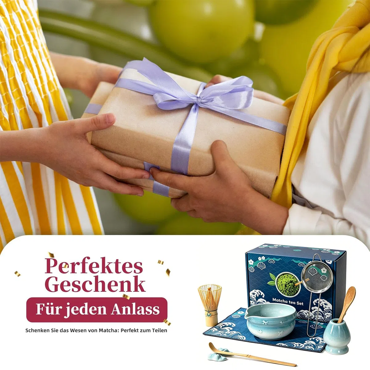 Matcha Set 8-Teiliges - Matcha Besen und Besenhalter, Matcha Schale mit Auslauf, Sieb, Löffel und Halter, Japanisches Matcha Tee Set für Matcha-Liebhaber-Blau