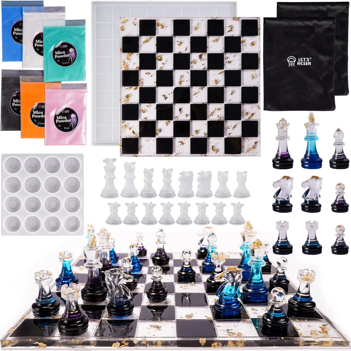 LET'S RESIN Schach Epoxidharz Formen, Verbesserte Harz-Schachsatzform mit 16-Teiligen 3D-Schachfiguren in Voller Größe und Schachbrett Silikonform Epoxidharz, DIY-Schachbrettspiel