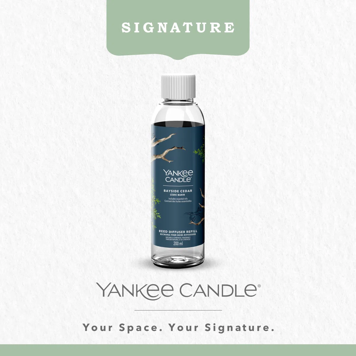 Yankee Candle Signature Nachfüllung für Diffusor mit Rattanstäbchen | Bayside Cedar | 200ml | bis zu 20 Wochen Duft | Perfekte Geschenke für Frauen