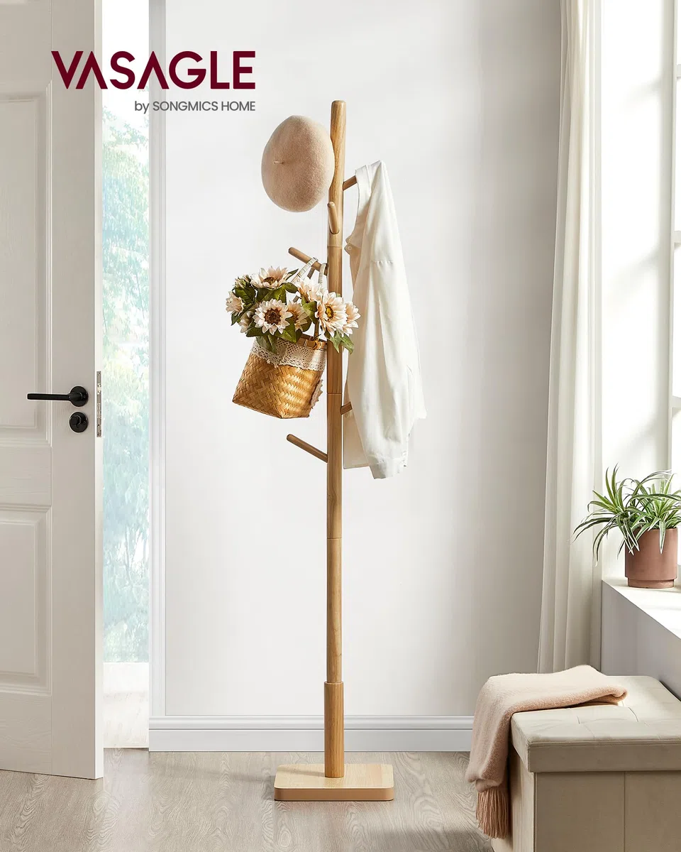 VASAGLE Garderobenständer, Kleiderständer Massivholz, Jackenständer Baumform, 8 Haken für Jacken, Hüte, für Flur, Haken und Haltestange aus Kautschukholz, naturbeige RCR010N01
