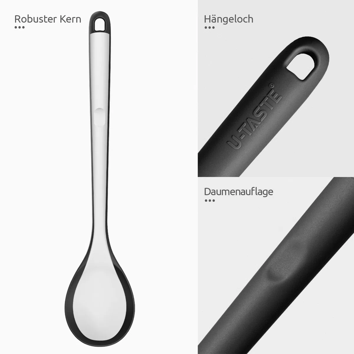 U-Taste 33.9 cm extra langer Silikon Löffel, 315℃ Hitzebeständiger BPA-freier massive Kochlöffel, antihaftbeschichteter nahtloser Küchen Servierlöffel zum Mischen Rühren Begießen Schöpfen (Schwarz)