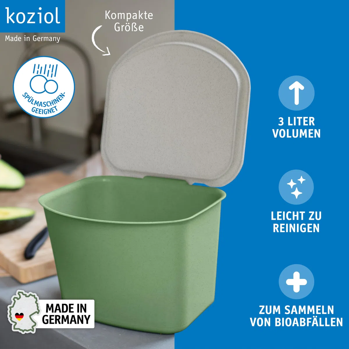 Koziol BIBO Biomülleimer 3 Liter mit Deckel | Küchenabfalleimer, Komposteimer | biozirkulärer Kunststoff, langlebig, kompakt, spülmaschinengeeignet | Küche, Haushalt (nature leaf green)
