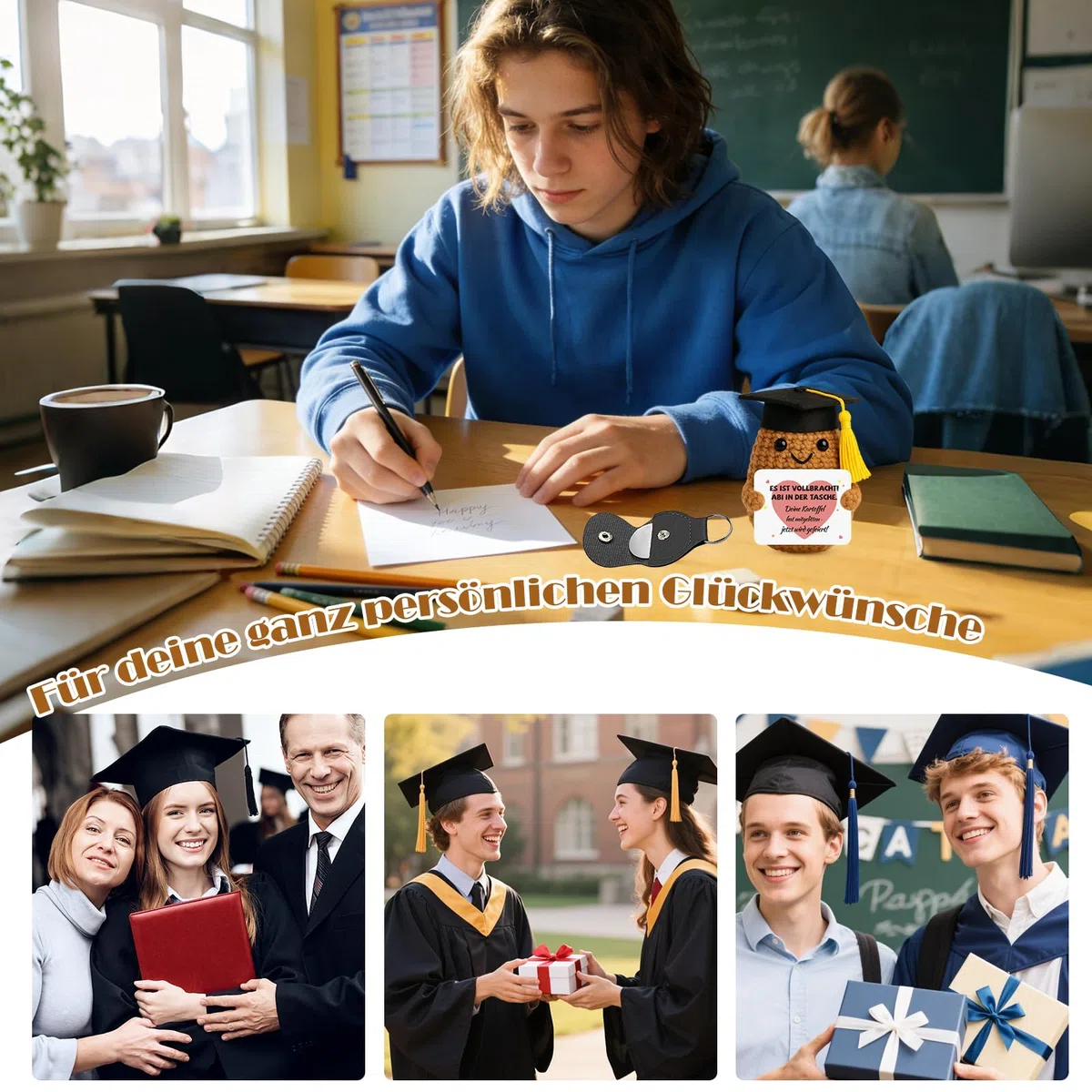 Abitur Geschenke 2026 - Positive Kartoffel, Pocket Hug Strickwolle Glückskartoffel mit ABI Glücksbringer Prüfung & Grußkarte, Abitur 2026 Geschenke für Mitschüler und Freunde