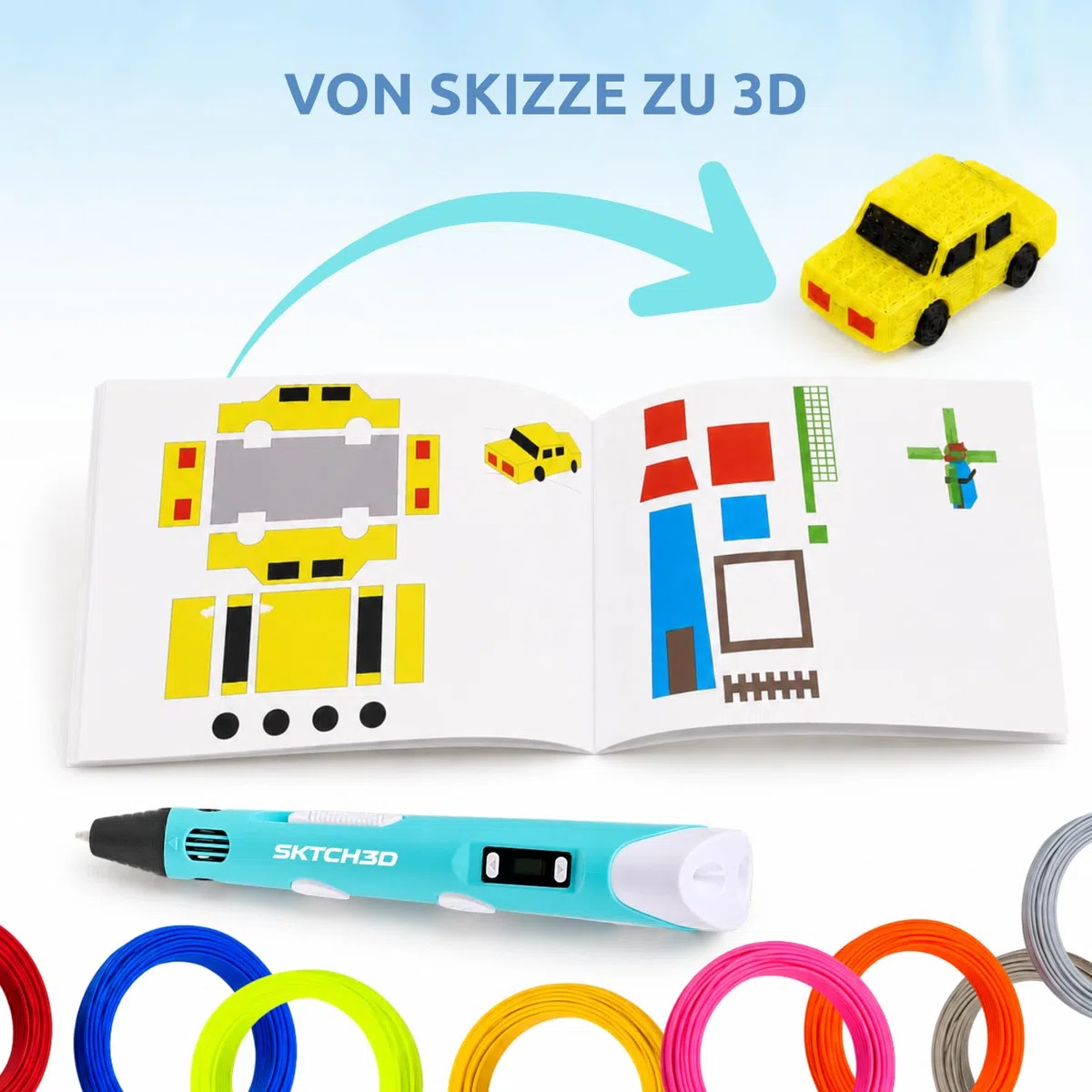 3D Stift mit 50m PLA Filament – Professioneller 3D Pen Starterset mit 10 Farben, USB Adapter, Vorlagenbuch & Anleitung – 3D Druckstift für Kreative, DIY & Zeichnen in 3D (Blau)