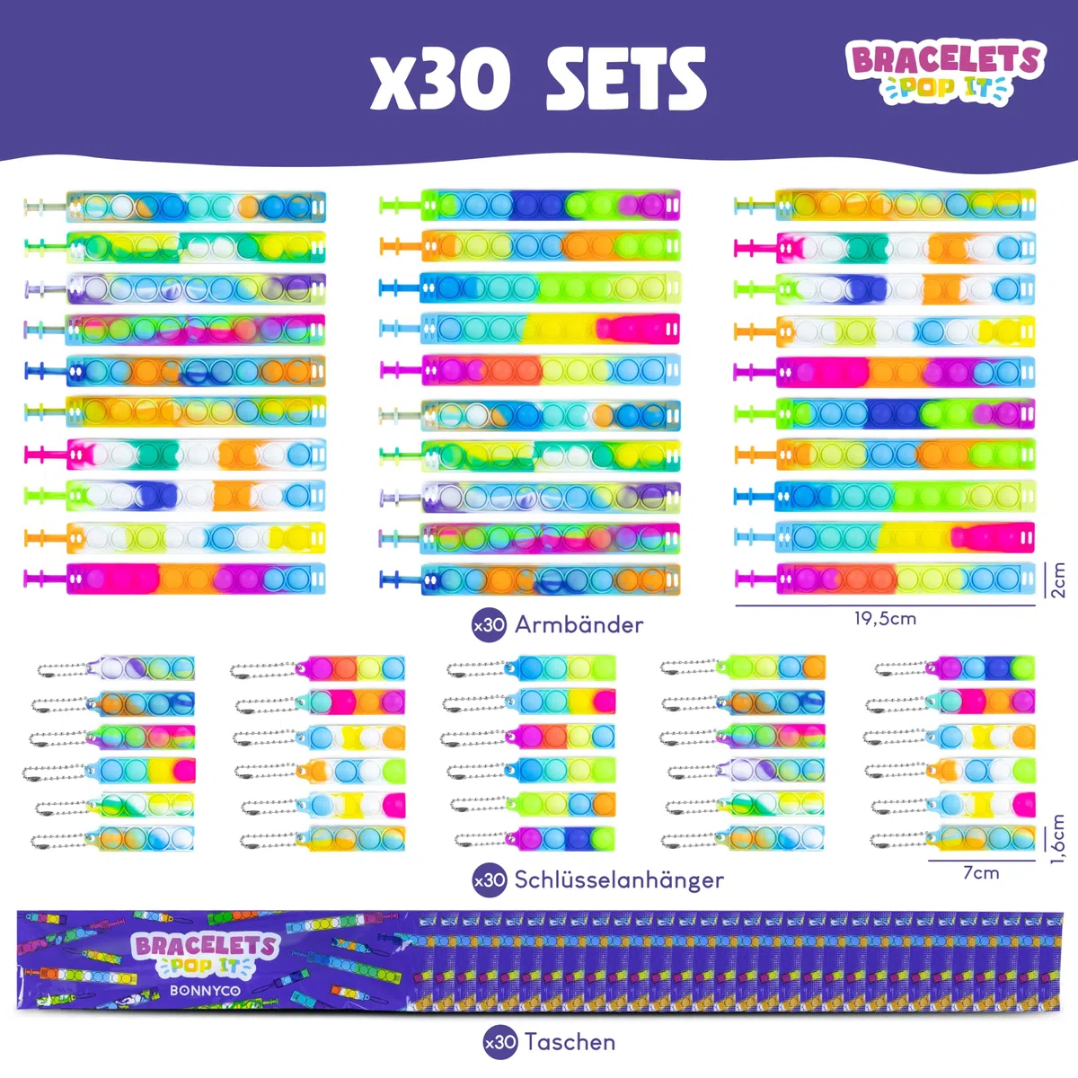 BONNYCO Armband und Schlüsselanhänger Pop It, Set 30 Mitgebsel Kindergeburtstag Gastgeschenke.Fidget Toys, Kleine Geschenke für Kinder. Mitbringsel Kindergeburtstag, Pinata Füllung Give Aways