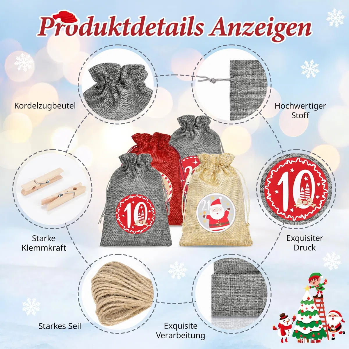 Alintor Groß Adventskalender zum Befüllen, 24 Weihnachtskalender Säckchen zum Befüllen, Adventskalender 2026 (Zahlen-Design)