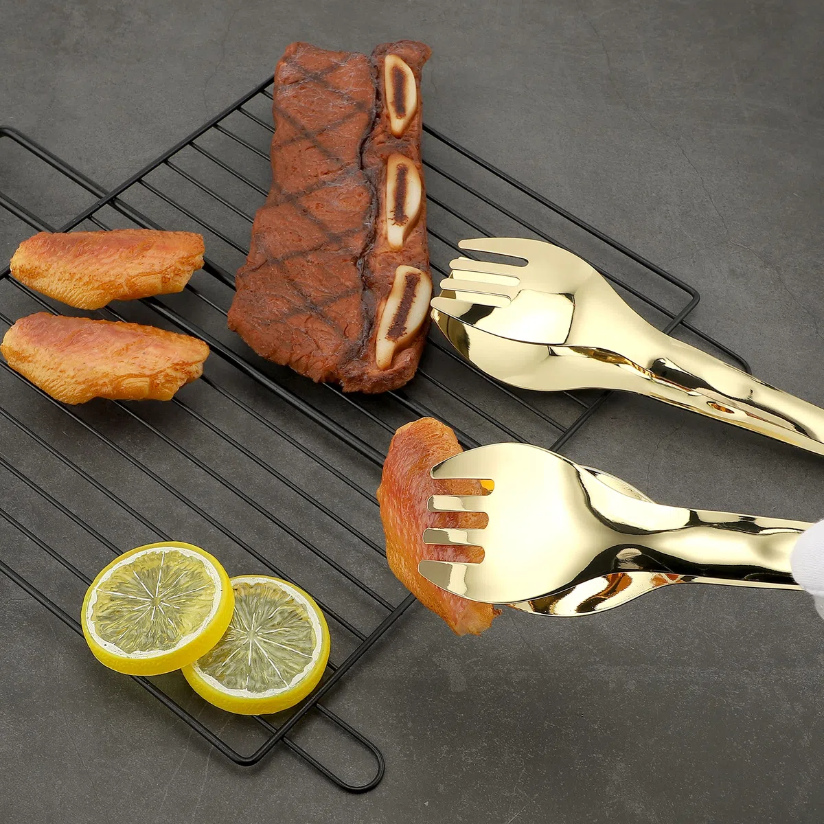 MSY BIGSUNNY 23cm Servierzange, Edelstahl-Metallzange zum Kochen, Grillen, Buffet, 2 Stück, Gold
